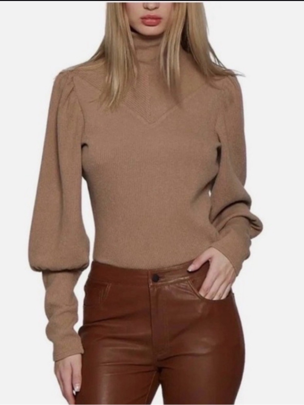 Walter Baker Camel Puff-Sleeve V-Neck Knit Sweater